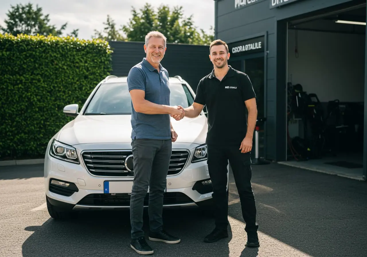 Zadowolony klient odbierający auto po detailingu