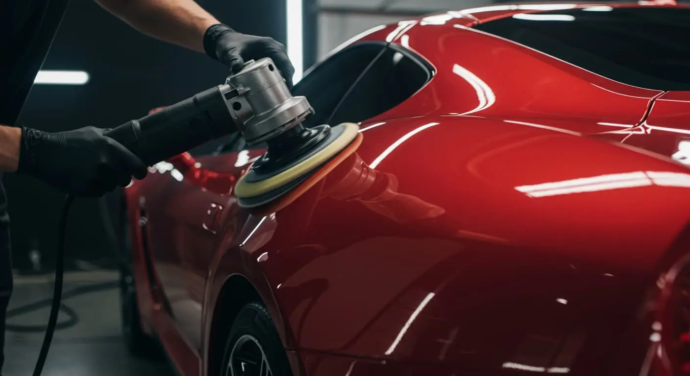 Mężczyzna poleruje lakier na czerwonym samochodzie
