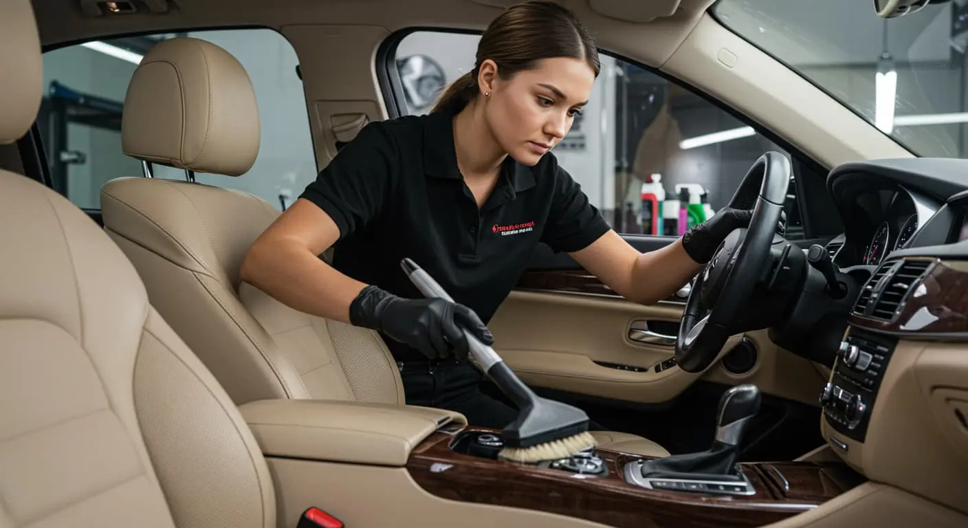 Kobieta dokładnie oczyszcza wnętrze auta