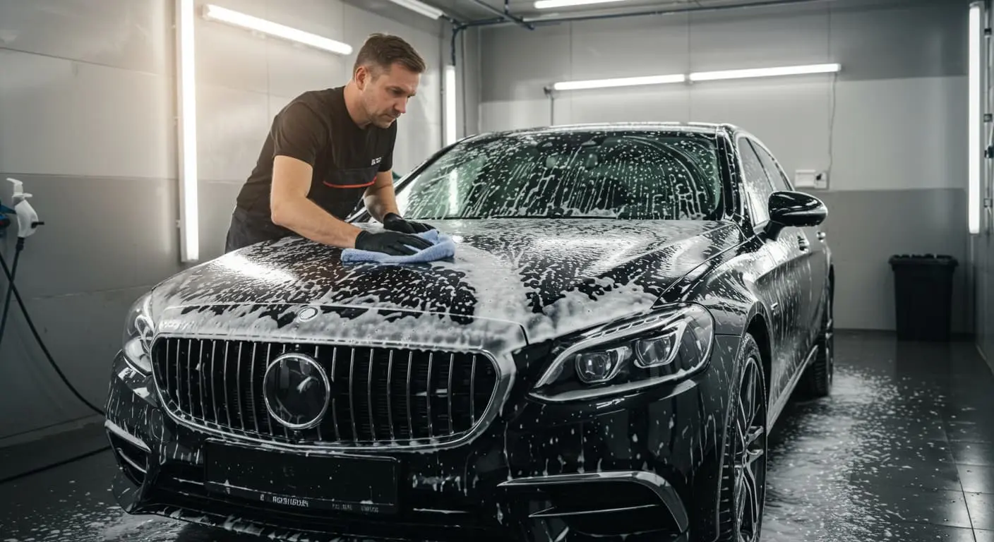 Mężczyzna myje samochód pokryty pianą