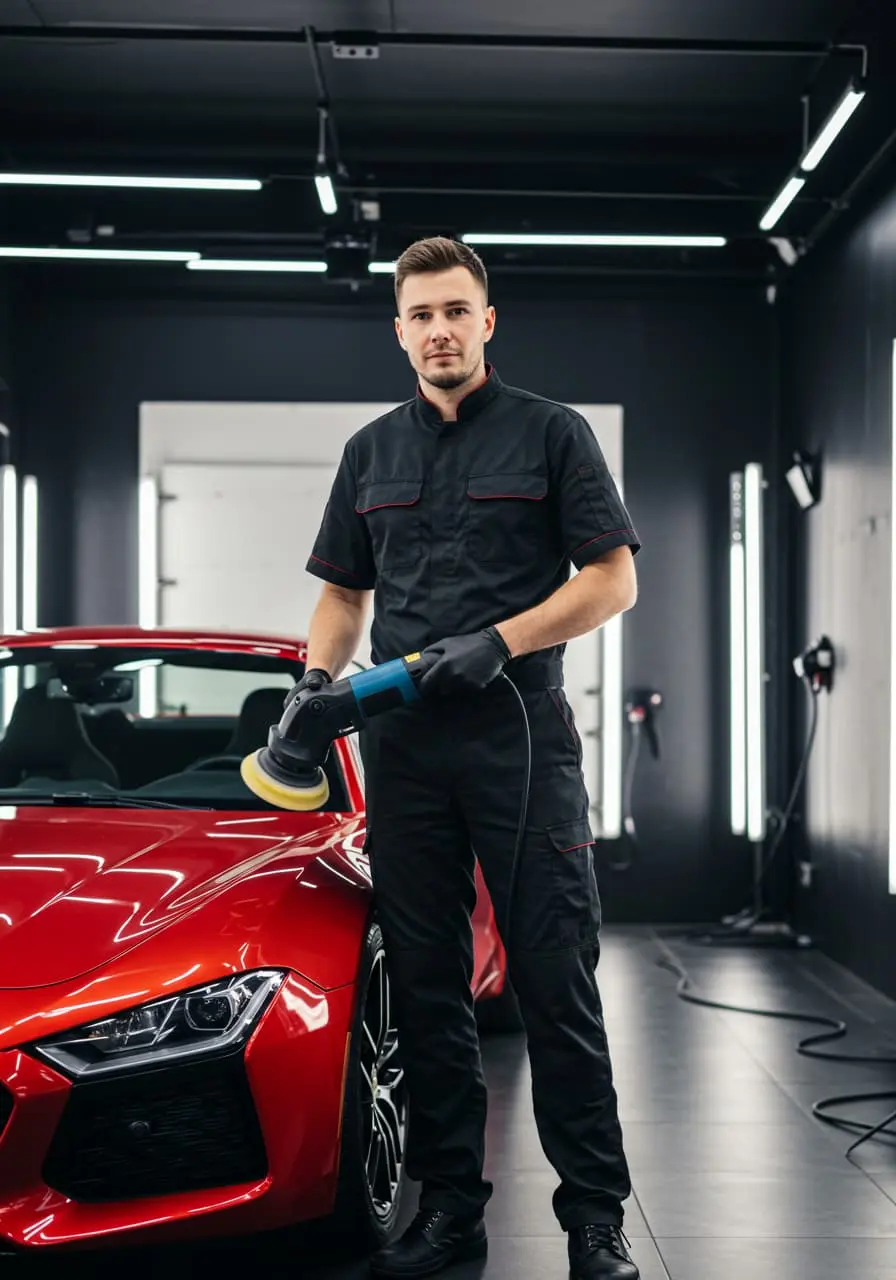Mężczyzna specjalista od detailingu samochodowego podczas polerowania auta