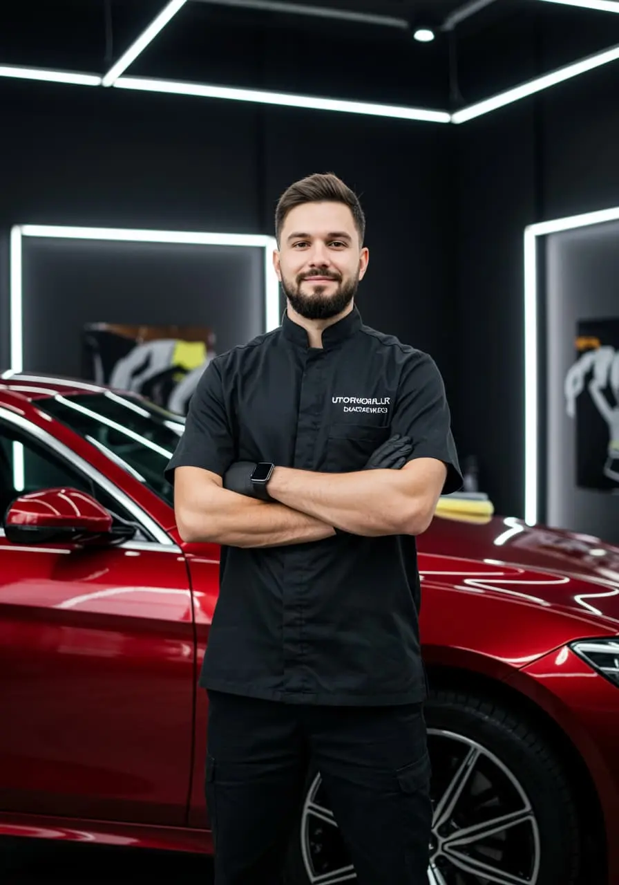 Mężczyzna ds. Polerowania, stojący przed autem, w tle czerwone auto.