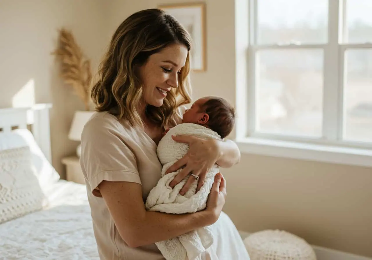 Mama trzymająca niemowlę w jasnym pokoju, oboje uśmiechnięci.