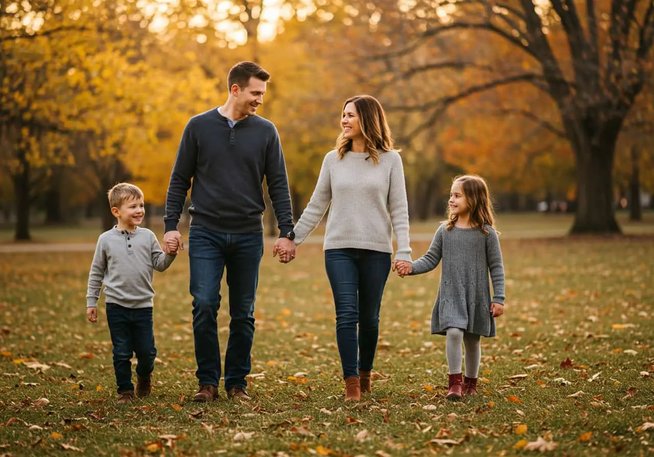 Rodzina z dwojgiem dzieci spacerująca po parku jesienią.