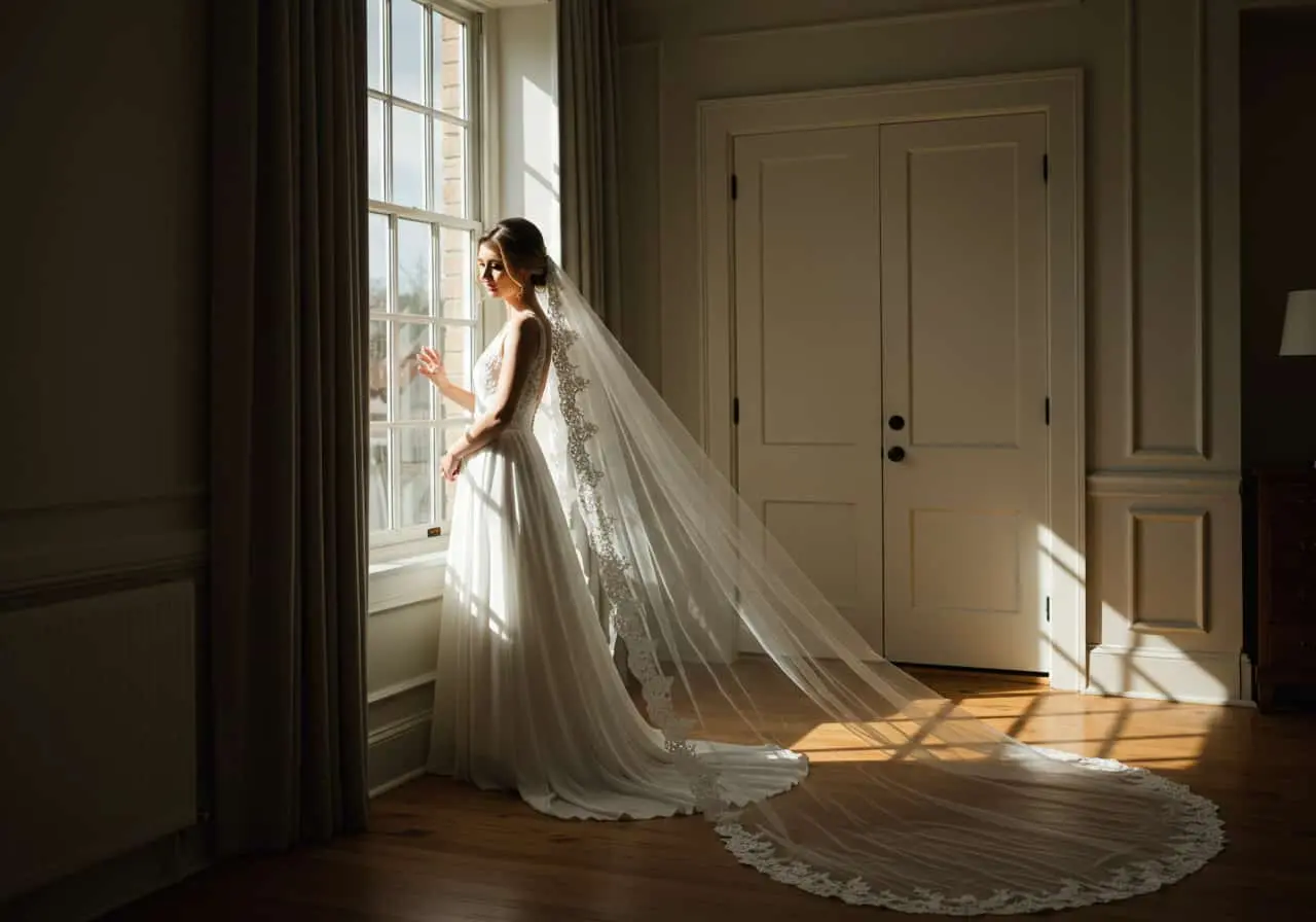 Panna młoda stojąca przy oknie, patrząca na światło wpadające do pokoju, z długim welonem.