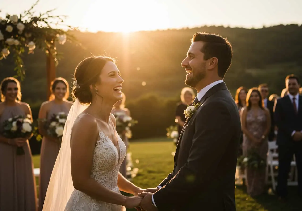 Para młoda śmiejąca się i trzymająca się za ręce podczas ceremonii ślubnej na zewnątrz, oświetlona ciepłym światłem zachodzącego słońca.