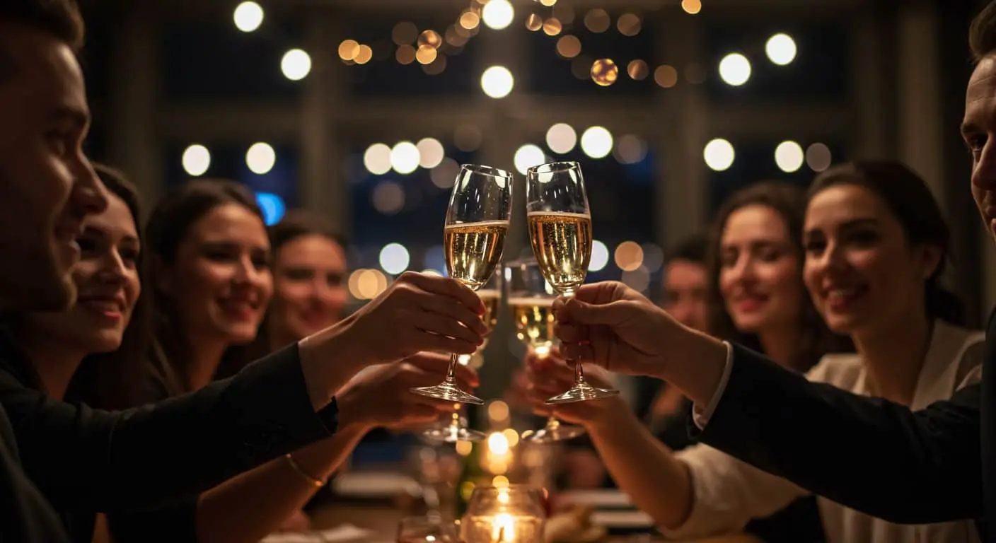 Grupa przyjaciół w restauracji, stukająca się kieliszkami szampana podczas świętowania.